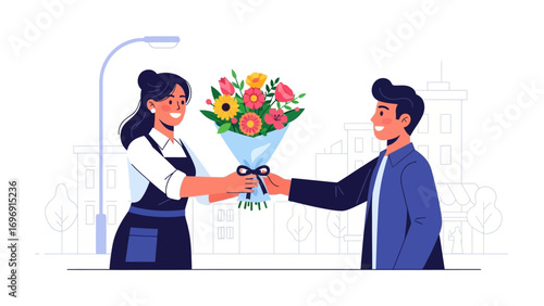 A Floral Exchange: A vibrant floral exchange blossoms, as a woman presents a bright bouquet to a delighted man, symbolizing connection. 