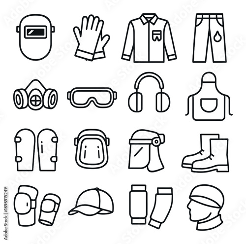 Safety equipment linear icon set. featuring mask, gloves, shirt, jeans, respirator, goggles, headphones, apron