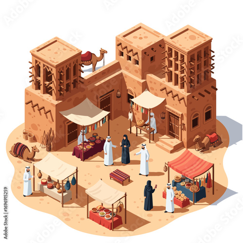 Heritage Village UAE - A Traditional Middle Eastern Market with Vendors Selling Goods in a Cultural Setting, Representing Arabian Souk Life, Tourism, and Emirati Culture