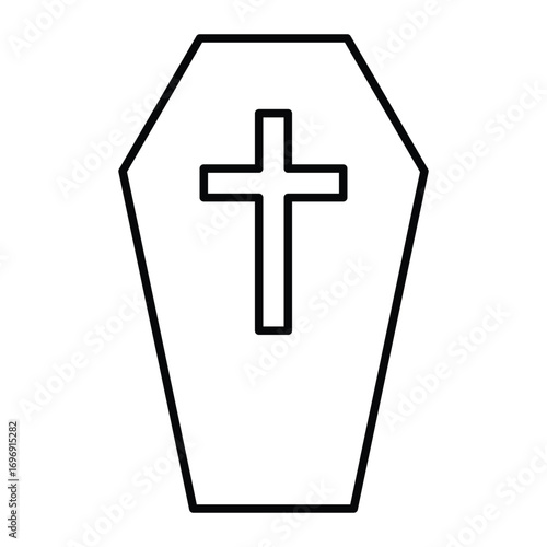 Coffin with cross vector icon. Black outline funeral casket symbol. Death, burial, and memorial design element.