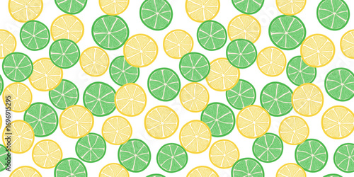 Seamless pattern of fruits, lime, lemon. Green and yellow citrus slices. Ingredient for juice, healthy vitamin drink. Vector flat color illustration on white isolated background.