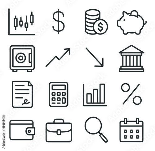 Finance and savings linear icon set. featuring chart, dollar, coins, piggy bank, safe, growth, bank, contract, calculator