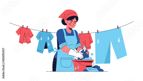 Domestic Chore Routine: A woman wearing a kerchief meticulously washes clothes, hanging them on a clothesline to dry, capturing the simplicity of daily household chores.