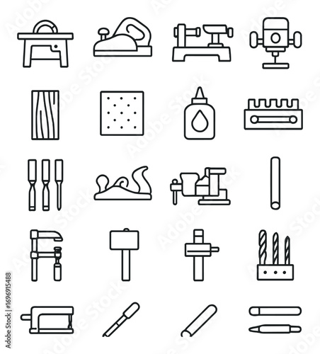 Carpentry tools linear icon set. featuring saw, plane, lathe, drill, wood, glue, chisel, clamp, and ruler symbols