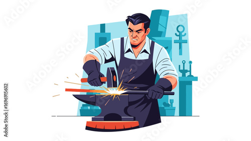 Crafting Metal: A determined artisan, surrounded by the tools of his trade, shapes the metal with precision and passion in this visually stunning illustration of blacksmithing.