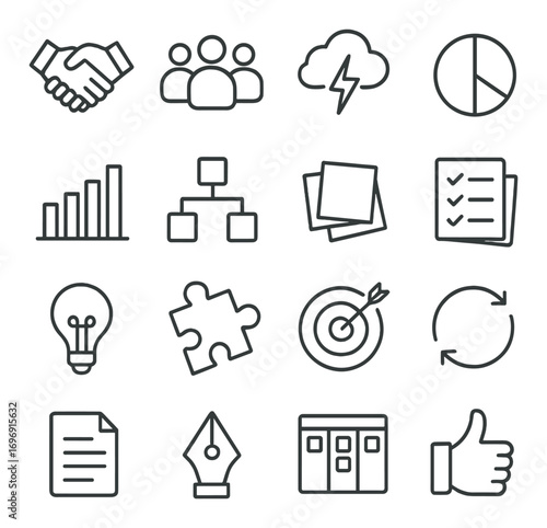 Business linear icon set. featuring teamwork, cloud, chart, growth, organization, tasks, innovation symbols