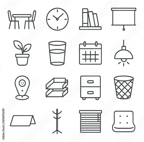Office elements linear icon set. featuring table, clock, bookshelf, plant, glass, calendar, lamp, pin, drawers