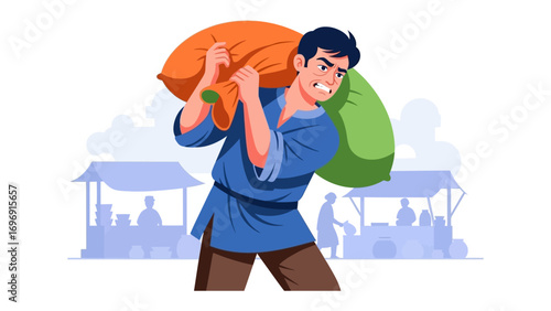 Weighty Burden: In a stylized illustration, a determined individual struggles under the weight of two large sacks, symbolizing effort, labor, and resilience, perhaps set in a marketplace environment.