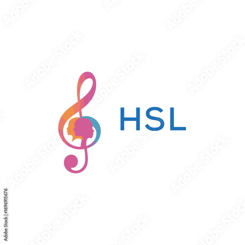 HSL “Colorful music logo with human faces and treble clef design” HSL Later Logo, “Creative music academy logo with silhouette heads and notes” 
