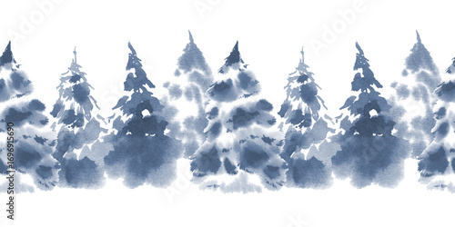 Snow-covered fir trees seamless pattern in monochrome blue, watercolor illustration. Border of winter forest silhouettes with fir trees for Christmas background. Winter landscape for New Year's card