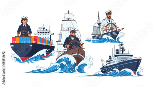 Sailing the Seas: Captivating illustration of maritime vessels navigating the ocean's waves, embodying the spirit of marine exploration, complete with sailors at the helm.