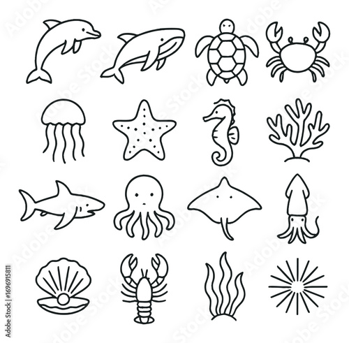 Marine life linear icons set. featuring dolphin, shark, turtle, crab, jellyfish, starfish, seahorse