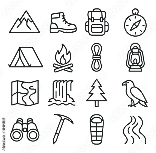 Outdoor adventure linear icon set. featuring mountain, boot, backpack, compass, tent, campfire, rope, lantern.