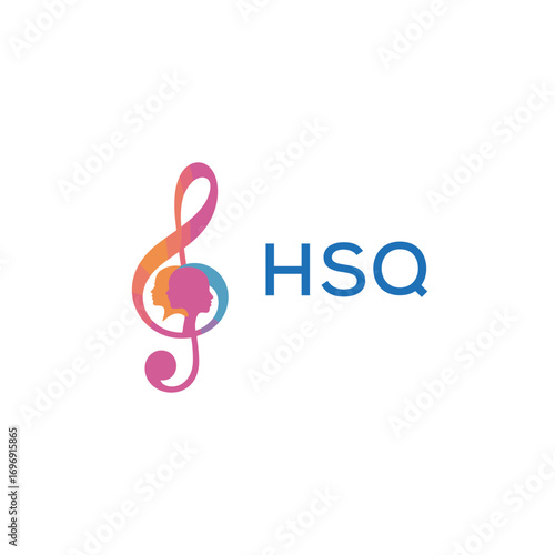 HSQ “Colorful music logo with human faces and treble clef design” HSQ Later Logo, “Creative music academy logo with silhouette heads and notes” 
