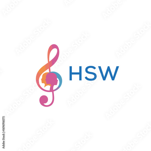 HSW “Colorful music logo with human faces and treble clef design” HSW Later Logo, “Creative music academy logo with silhouette heads and notes” 
