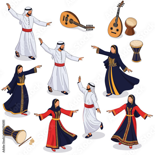 Collection of vector illustrations of Emirati men and women performing traditional dance with musical instruments in Traditional dance UAE