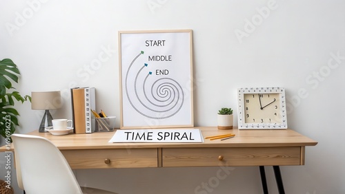 Creative Workspace with Spiral Chart Illustrating Time Concepts