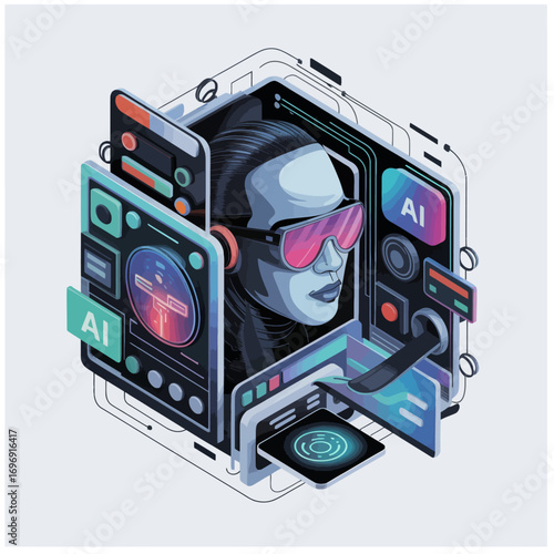 User with VR headset in a futuristic digital interface, an isometric illustration for virtual reality, AI, and cybersecurity