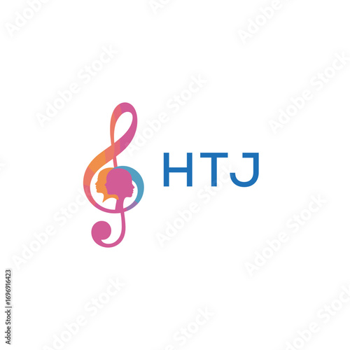 HTJ “Colorful music logo with human faces and treble clef design” HTJ Later Logo, “Creative music academy logo with silhouette heads and notes” 
