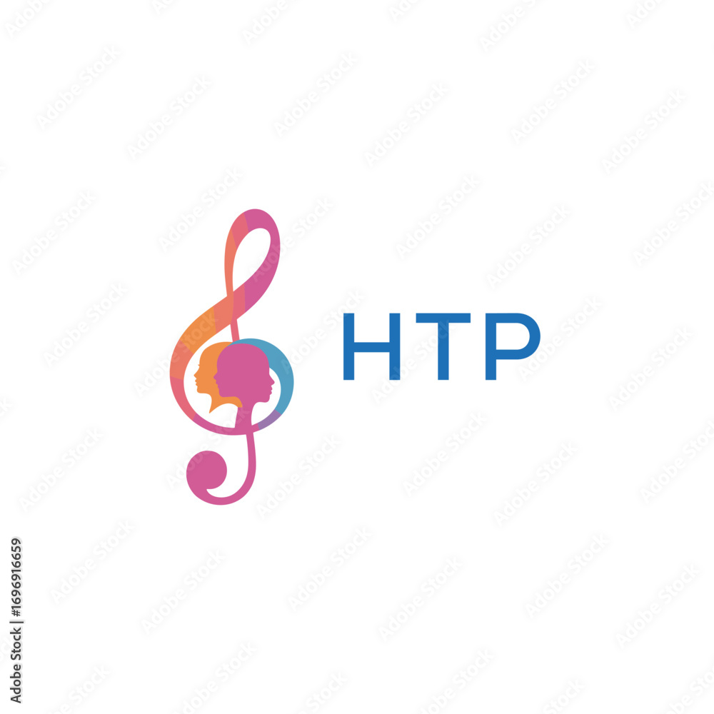 Fototapeta premium HTP “Colorful music logo with human faces and treble clef design” HTP Later Logo, “Creative music academy logo with silhouette heads and notes” 