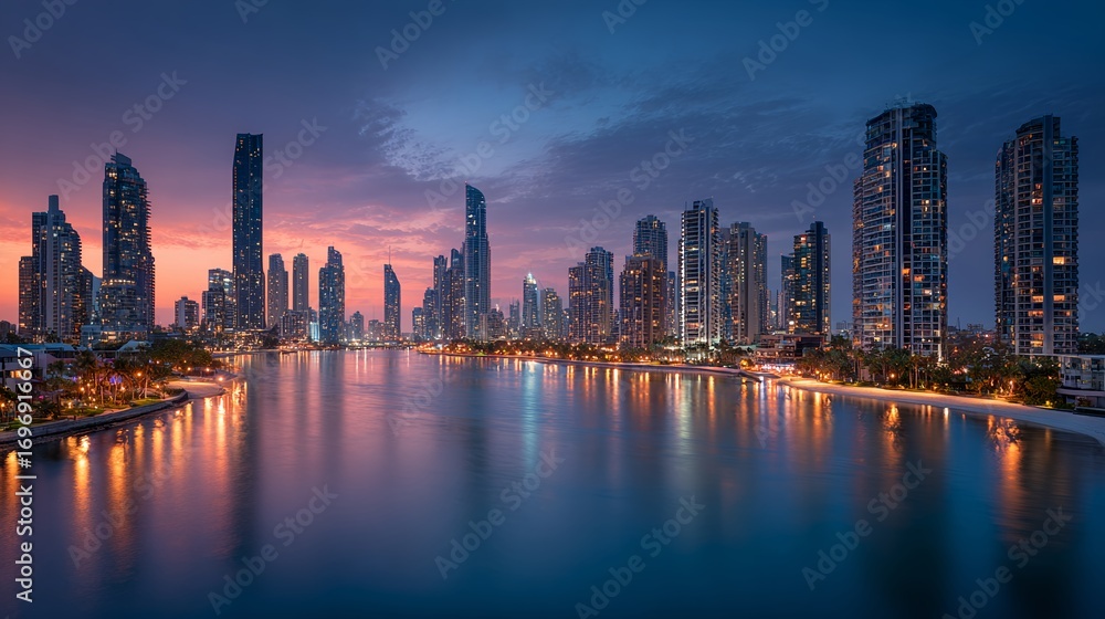 Fototapeta premium Immersive Skyscraper Reflections Over Water in Metropolitan Cityscape – Luminous Urban Visual for Digital Wellness and Metaverse Branding