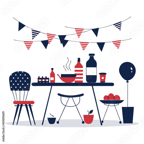 Patriotic outdoor party table with food drinks and balloon dining