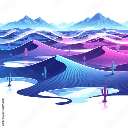 Psychedelic desert landscape with neon dunes and glowing mountains, a vibrant and surreal illustration representing a dreamlike oasis and fantasy nature