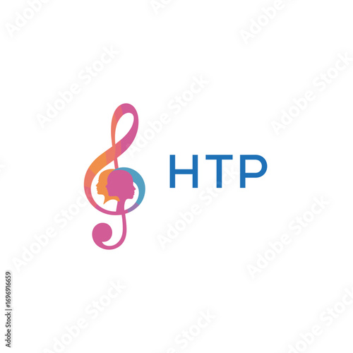 HTP “Colorful music logo with human faces and treble clef design” HTP Later Logo, “Creative music academy logo with silhouette heads and notes” 
