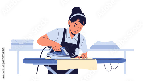 Ironing at Home: A woman meticulously irons clothes at home, demonstrating a dedication to domesticity. She exemplifies the essence of domestic comfort and tidy living.