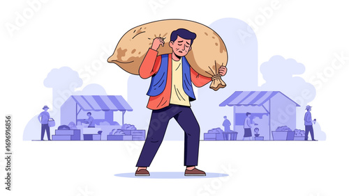 Burden Bearer at the Marketplace: An illustrated person shoulders the weight of a heavy sack in a bustling marketplace, surrounded by stalls.