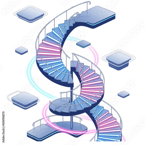 Futuristic spiral staircase illustration with neon lights and flying platforms in a sci-fi architectural design