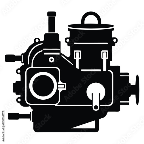 Detailed Black and White Vector Illustration of an Intricate Carburetor Engine Design