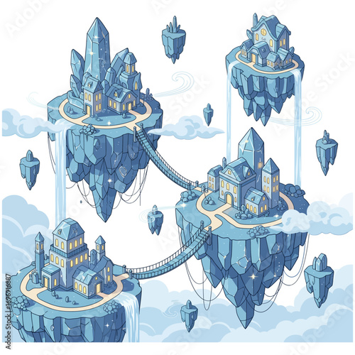 Fantasy ice islands illustration of a magical landscape with a flying city on floating ice and crystal castles