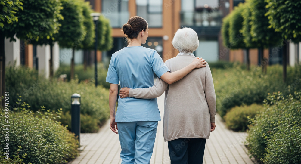 Fototapeta premium Healthcare worker with elderly woman on sunny path, senior support concept for eldercare advertising, hospital and clinic websites, senior living facilities, family care services, healthcare brochures