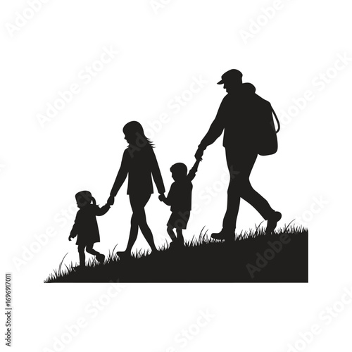 A vector illustration of a happy family walking together at sunset on the grass