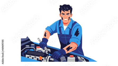 Mechanic Repairing Vehicle: A dedicated mechanic works diligently, immersed in repairing a car engine, showcasing technical expertise and hands-on skill with tools