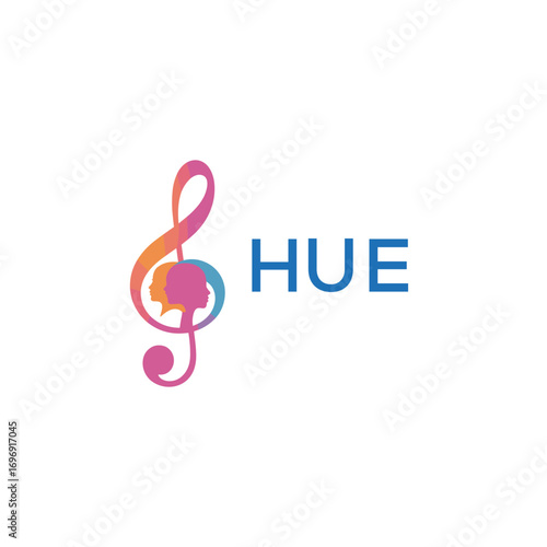 HUE “Colorful music logo with human faces and treble clef design” HUE Later Logo, “Creative music academy logo with silhouette heads and notes” 
