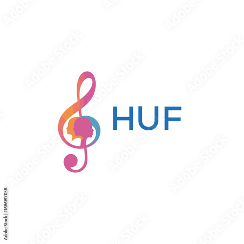 HUF “Colorful music logo with human faces and treble clef design” HUF Later Logo, “Creative music academy logo with silhouette heads and notes” 
