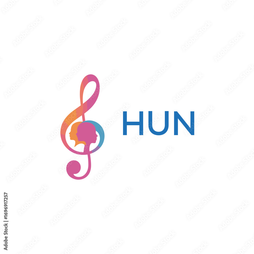 Fototapeta premium HUN “Colorful music logo with human faces and treble clef design” HUN Later Logo, “Creative music academy logo with silhouette heads and notes” 