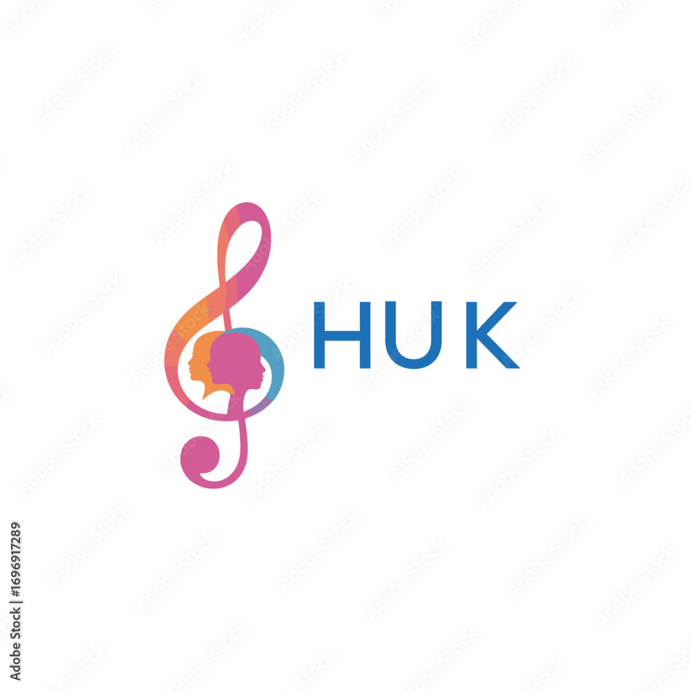 Fototapeta premium HUK “Colorful music logo with human faces and treble clef design” HUK Later Logo, “Creative music academy logo with silhouette heads and notes” 