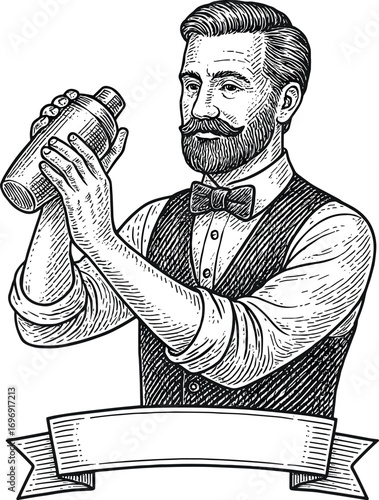 Bartender with cocktail shaker banner vector illustration