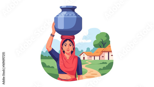 Village woman with water pot: An illustration of a village woman, gracefully balancing a water pot atop her head as she walks through a serene village landscape, embodying simplicity and rural charm.