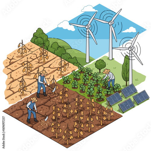 Climate justice for farmers illustration showing the positive and negative environmental impact of climate change and sustainable agriculture