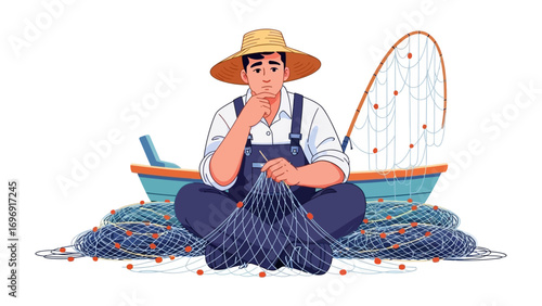 Fisherman's Contemplation: An illustration of a solitary fisherman pondering over his fishing net, sitting in a boat, evoking a sense of contemplation and the simple life. 