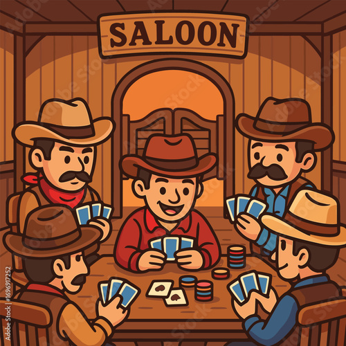 Cowboys playing poker in saloon vector cartoon
