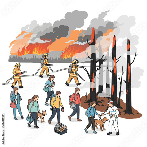 Wildfire refugee illustration. Environmental disaster and danger of forest fire, natural disaster, and global warming