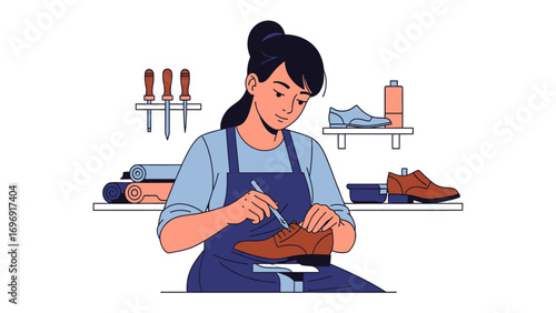 Crafting with Precision: This illustration captures a focused artisan meticulously crafting a stylish brown leather shoe, expertly handling tools within a well-organized workshop.