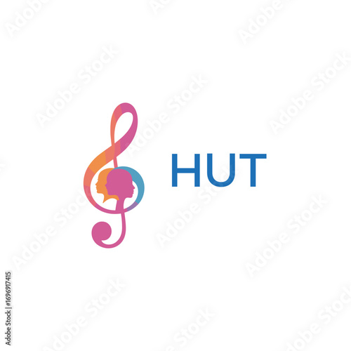 HUT “Colorful music logo with human faces and treble clef design” HUT Later Logo, “Creative music academy logo with silhouette heads and notes” 
