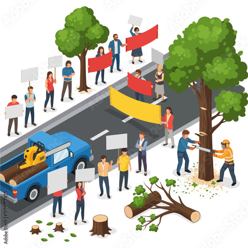 Urban Tree Cutting Protest Vector Illustration: Environmental Activism and Tree Protection