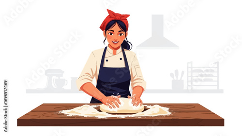 Artisan baker: The scene portrays an artisan baker kneading dough, radiating warmth and expertise in a domestic setting with a vintage touch. 